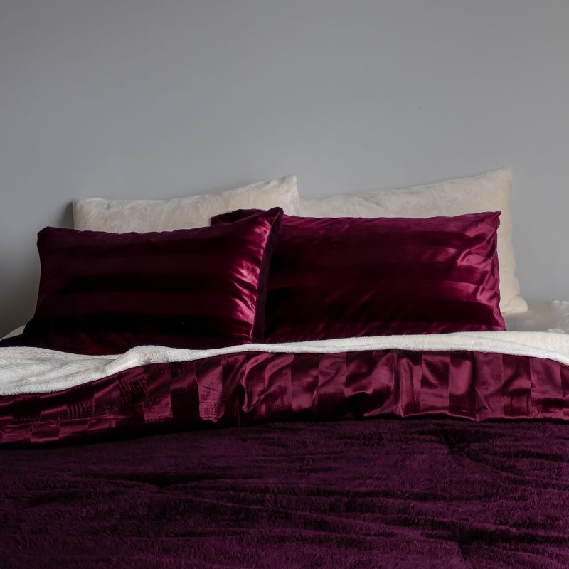 Cherry Red Velvet Stripe Snuggle Fleece Comforter Set