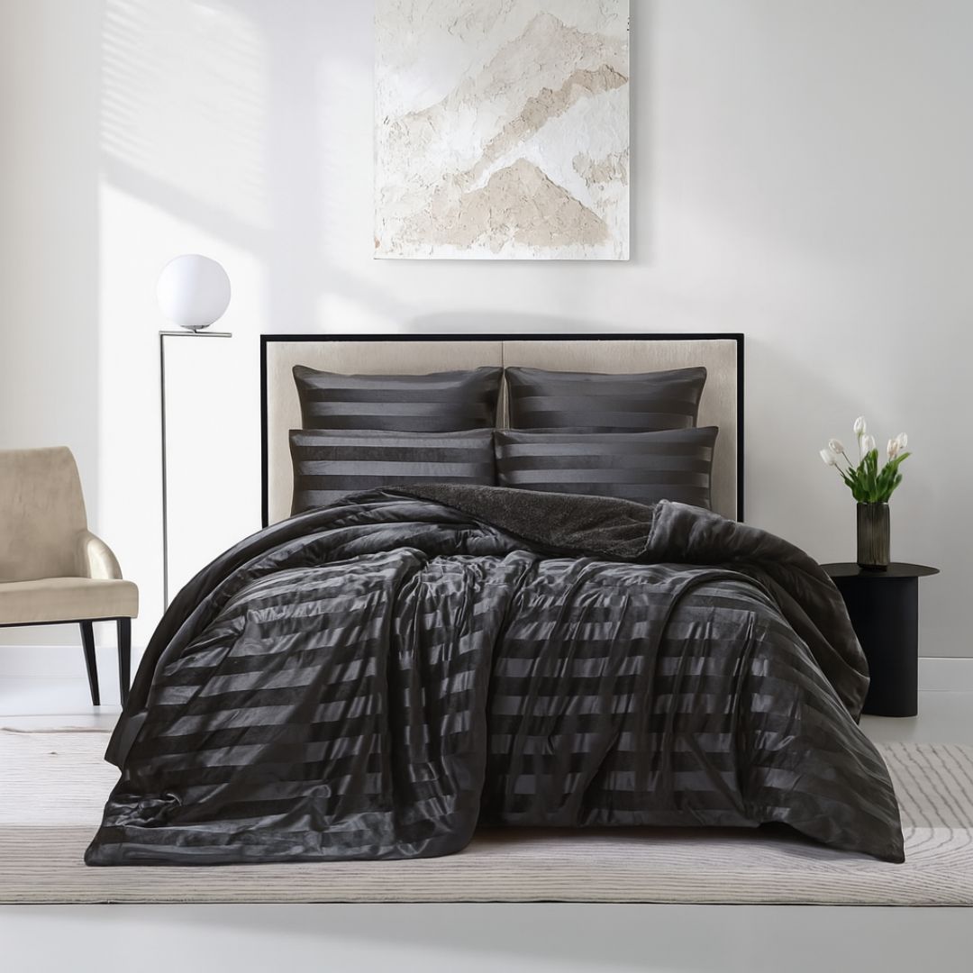 Black Velvet Stripe Snuggle Fleece Comforter Set