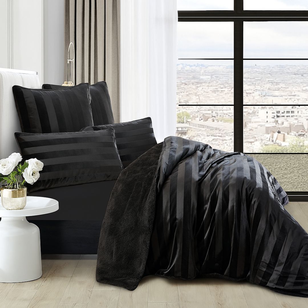 Black Velvet Stripe Snuggle Fleece Comforter Set