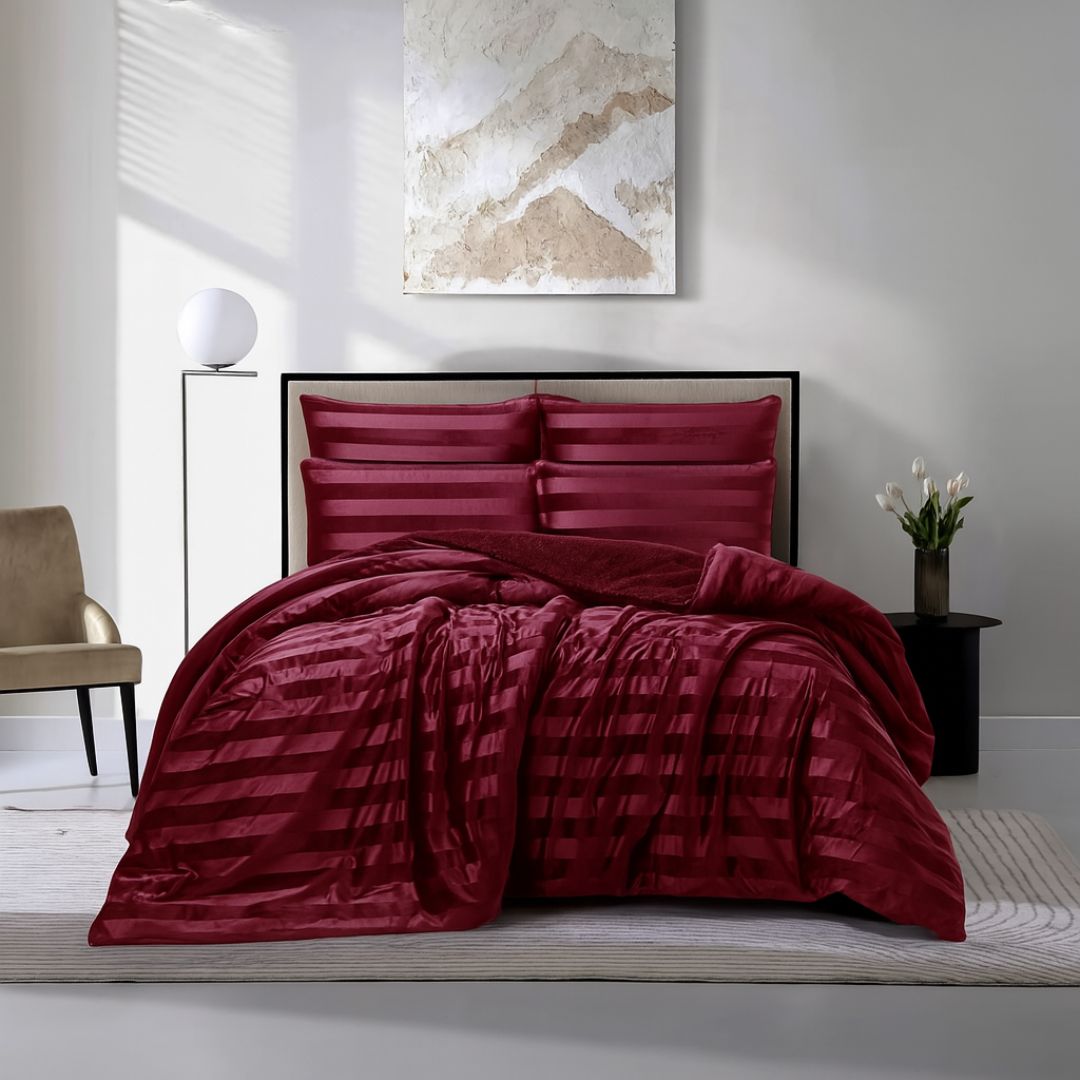 Cherry Red Velvet Stripe Snuggle Fleece Comforter Set