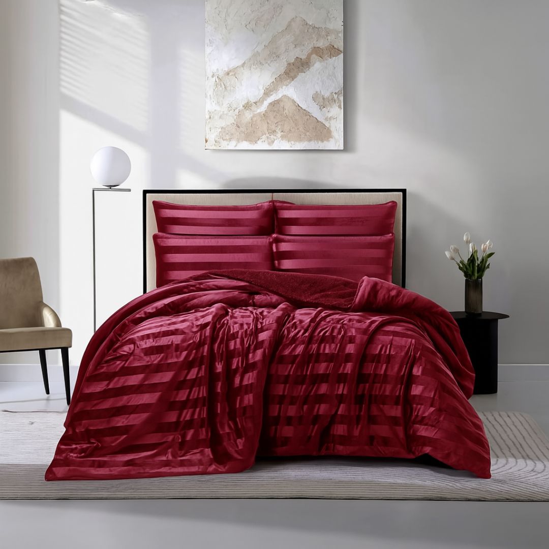 Cherry Red Velvet Stripe Snuggle Fleece Comforter Set